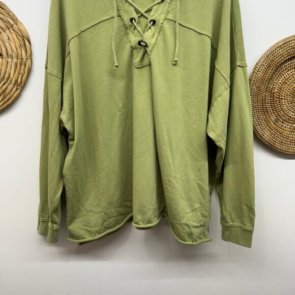 Aerie Green Lace Up Cut Out Oversized Hooded Sweatshirt Hoodie Large Knit Casual - Picture 4 of 6